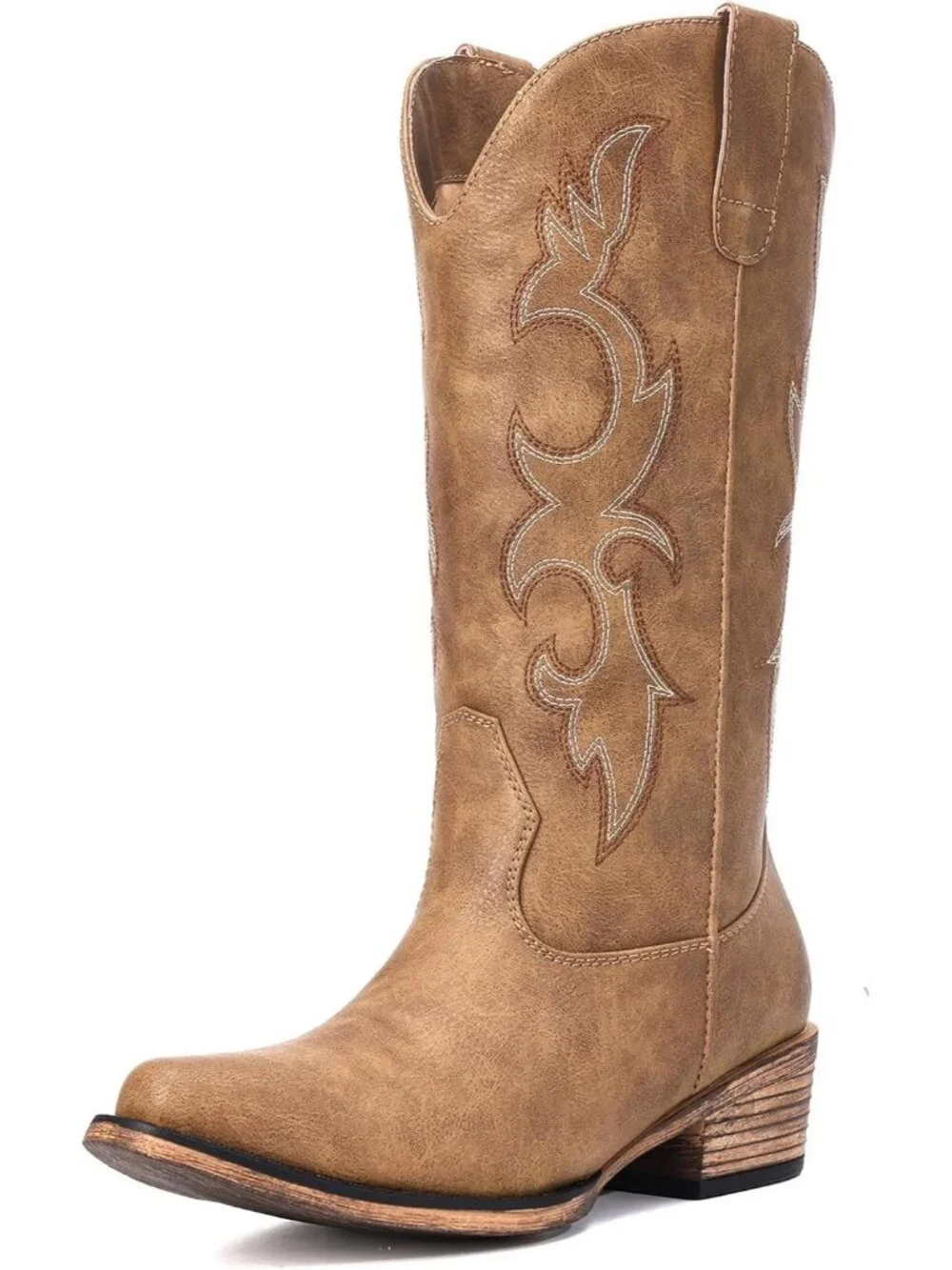 Women Tan Rubber Calf High Western Pointed Toe Cowgirl Chunky Heel Boots